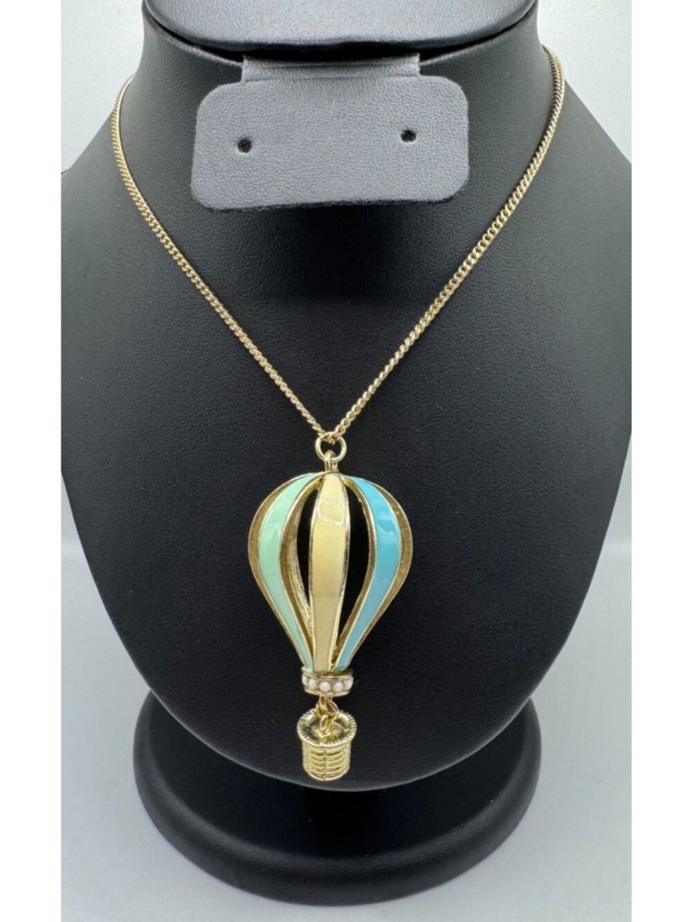Vintage Gold Tone Pastel Enamel Hot Air Balloon Necklace Pendant Statement UP